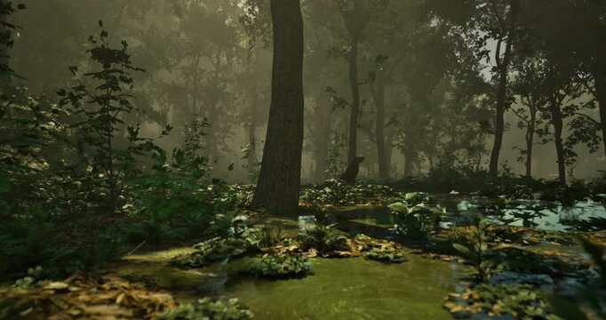 A serene forest scene showcases towering trees surrounded by vibrant foliage. Soft sunlight filters through the canopy, casting a calming glow on the tranquil water below.