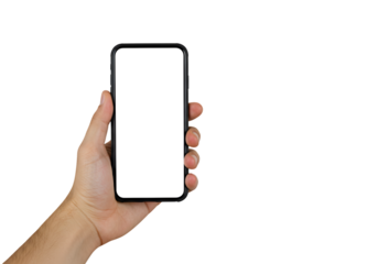 Confident hand holding modern smartphone with blank screen ready for creative design mockups and app previews, perfect for tech presentations and digital marketing campaigns