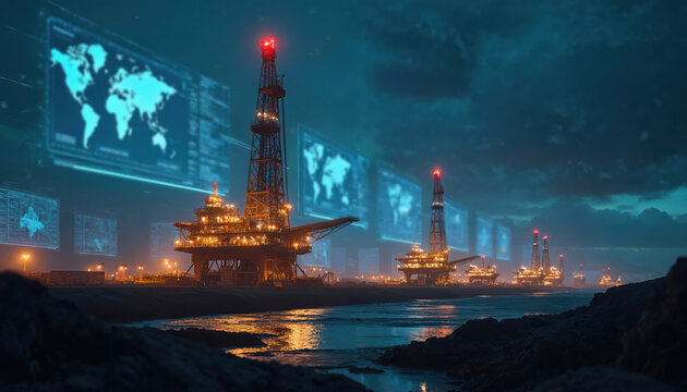 Oil rigs in ocean at night with digital screens displaying global financial data. Oil extraction machinery at work. Offshore oil production facility with illuminated equipment. Dark sea, cloudy sky.