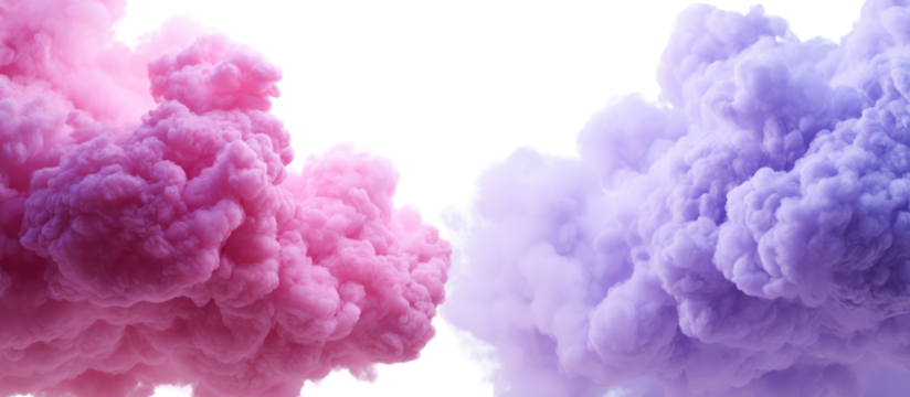 Pink and purple ink clouds swirling abstract shapes isolated on transparent background