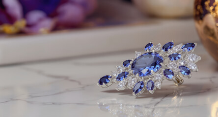 Elegant blue sapphire ring and diamond jewelry luxury gemstone decor piece. An expensive glamorous gift sparkling on marble