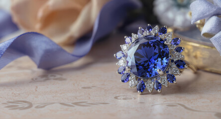 Elegant sapphire ring luxury jewelry for engagement beautiful decor piece showing romance and glamour in close up view
