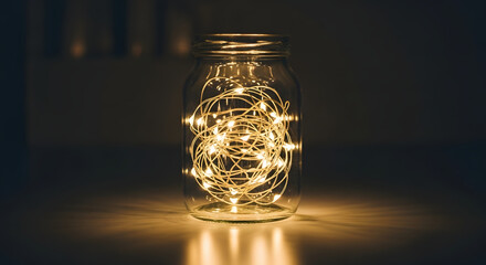 Illuminated string lights tangled inside a clear glass jar on a dark surface creating light