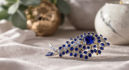 Luxurious blue sapphire jewelry brooch sophisticated decor accessory. Elegant gemstone fashion on soft fabric background