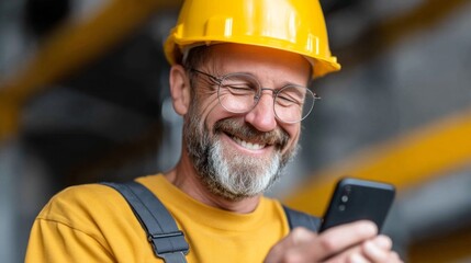 Construction worker enjoys a moment of joy while checking smartphone at a busy job site during daylight hours