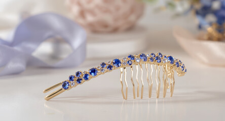 Elegant sapphire hair comb beautiful bridal jewelry accessory. classic and feminine decor piece for special occasion