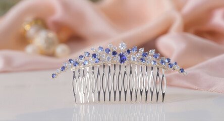 Elegant sapphire hair comb jewelry, beautiful decor for wedding. sparkling blue crystal accessory on soft pink silk