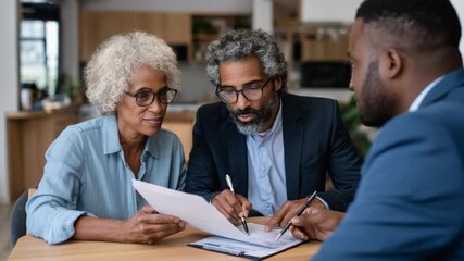 Focused Conversation: A mature couple and a professional engage in a serious discussion over important documentation, likely pertaining to financial or legal matters. - Powered by Adobe
