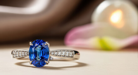 Luxury sapphire ring jewelry for romantic engagement. Elegant decor with sparkling diamond in soft background