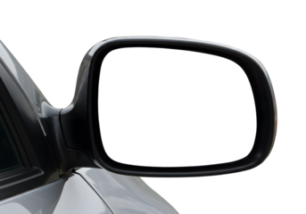 Clean car side mirror reflecting a bright white expanse, perfect for adding custom graphics or text for automotive advertising and design projects.