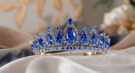 Elegant blue sapphire jewelry tiara luxurious decor piece for royal wedding. symbol of classic beauty and grace