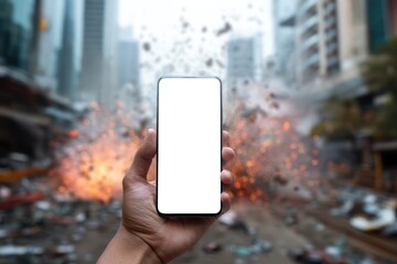 Hand Holding Smartphone with Explosion Backdrop Screen
