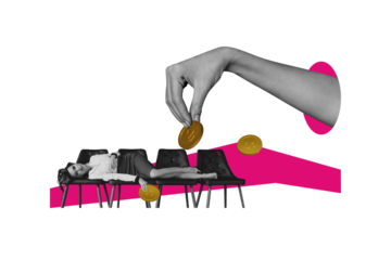 Composite artwork collage image picture of big arm hold coin mini girl laying chair isolated on creative background
