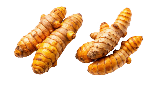Four turmeric roots isolated on transparent background, a vibrant and healthy ingredient
