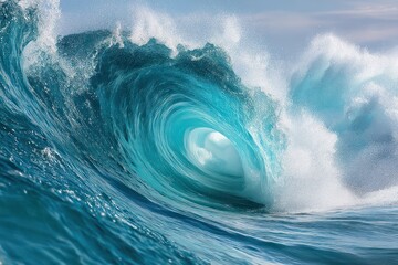 Powerful Ocean Wave Curling Dramatically with Blue Hues