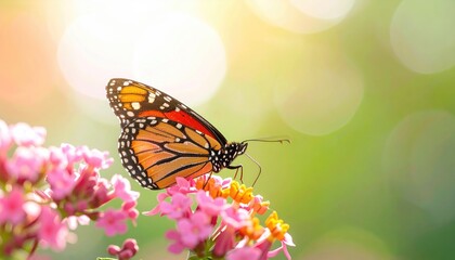 Monarch Butterfly Close Up on Pink Flowers in a Sunny Garden with Green Bokeh Background