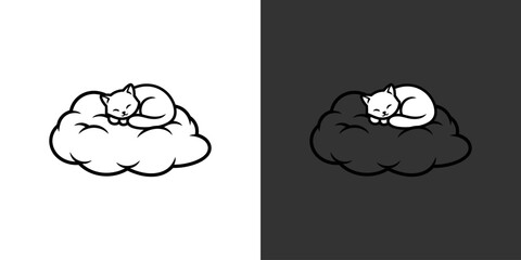 A minimalist illustration of a cat peacefully sleeping on a fluffy cloud against contrasting backgrounds