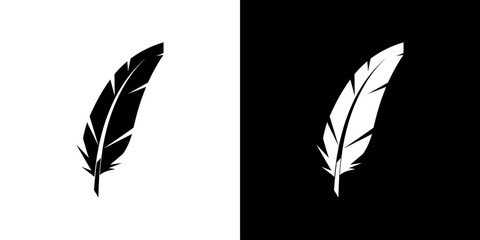 Black and white feather illustration showcasing intricate details and symmetry against contrasting backgrounds