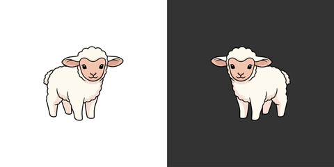 Cartoon illustration of a cute lamb standing on a contrasting background, showcasing its fluffy texture