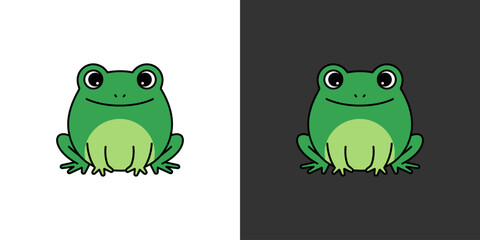 Cartoon frog illustration with vibrant green colors on contrasting backgrounds, ideal for children's materials