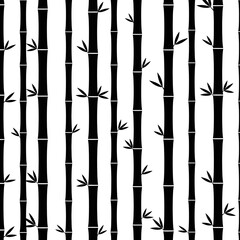 Black and white bamboo pattern with vertical stalks and leaves on a white background, ideal for design
