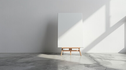 Front view Single one easel with white empty blank canvas in interior of exhibition studio or artist workshop. . Mock up for artwork image, paint creative space.