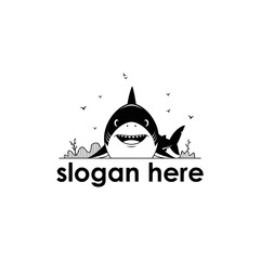 Cartoon shark character smiling with a playful expression, surrounded by ocean elements and birds