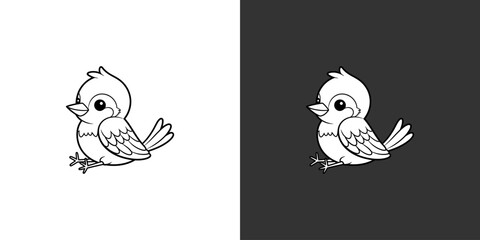 Cute cartoon bird illustration with detailed features, sitting on a branch, suitable for children's books