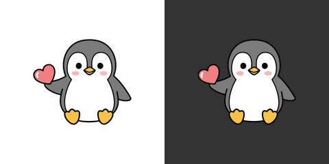Cute cartoon penguin holding a heart, set against contrasting backgrounds, symbolizing love