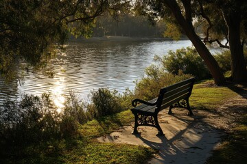 Obraz premium Serene Park Bench Bathed in Sunlight by Water's Edge