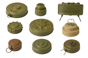 Collection of Military Land Mines – Anti-Personnel, Anti-Tank, and Claymore – Transparent Background