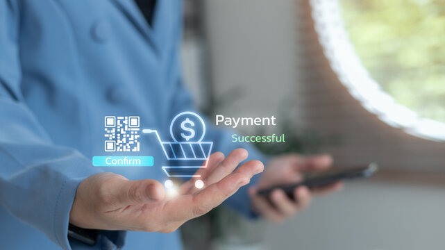 Businesswoman holding smartphone with hologram of successful digital payment and QR code confirmation, representing fintech innovation and cashless transaction technology. - Powered by Adobe