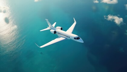 Fototapeta premium White airplane flying over ocean water. Plane soars through blue sky with clouds. Aircraft on vacation travel route. Aerial view of sea and airliner. Oceanic landscape with flying jet.