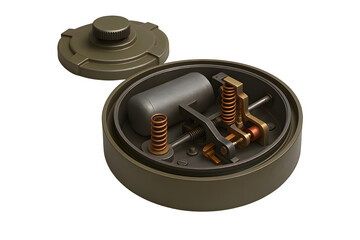 3D Illustration of Disarmed Land Mine Showing Internal Mechanism – Transparent Background