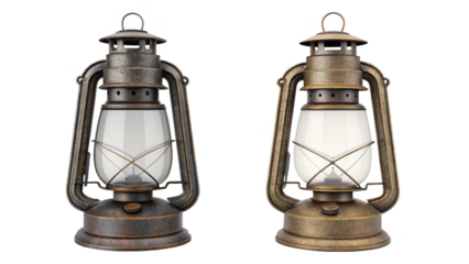 Two vintage kerosene lamps of different colors isolated on transparent background
