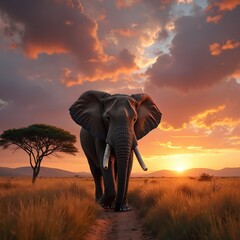 Obraz premium Majestic elephant walks on dirt path in savanna. Large animal with big ears and tusks moves forward. Sunset with orange sky and clouds in background. African wildlife scene with grass and tree.