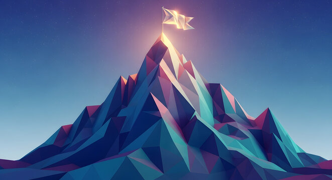 Low poly mountain peak with a white flag on top under a blue sky with faint stars above