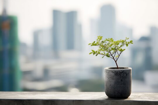 Small Green Plant with Cityscape Background in Modern Pot