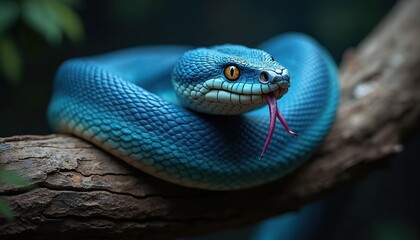 Fototapeta premium Blue venomous snake with tongue out on tree branch. Reptile rests with forked tongue sticking out on wooden log. Animal has vibrant blue scales and orange eyes.