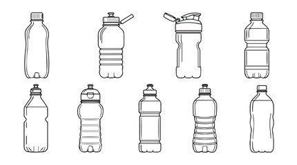 Collection of hand drawn line art water bottles showing different designs and caps vector