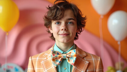 Young boy wears plaid suit with big fruit bowtie. Studio photo with balloons and bright pastel background. Happy mood, whimsical style. Cheerful celebration.