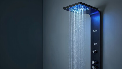 Modern digital shower panel features rainfall head with blue LED lights. Water streams down from overhead fixture, with digital display and controls visible on black panel.