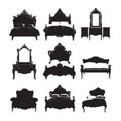 Collection of black and white bed silhouettes