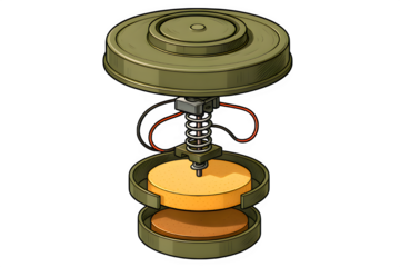 Exploded View of Land Mine Showing Internal Explosives and Trigger System – Transparent Background