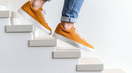 A person wearing stylish yellow sneakers descends a staircase, showcasing modern footwear against a minimalist backdrop.