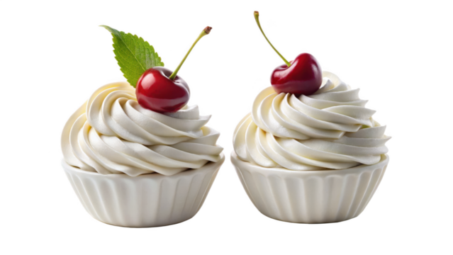 Two delicious cupcakes with cherry isolated on transparent background