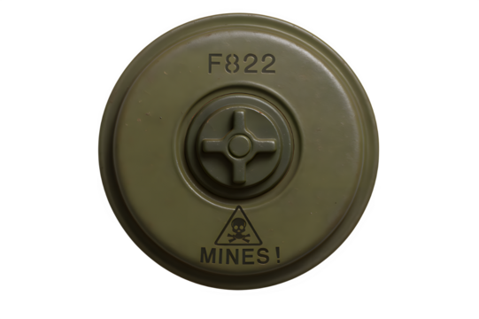 Top-Down View of Green Land Mine with Serial Numbers and Warning Symbols – Transparent Background - Powered by Adobe