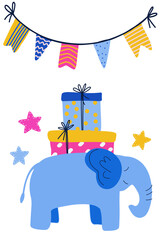 Fototapeta premium Cute blue elephant with gifts and party garland, festive illustration for kids, birthday cards, posters, and celebration design.