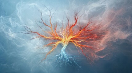 Fototapeta premium A vibrant, abstract representation of a tree with fiery branches and wispy clouds, evoking themes of energy and transformation.