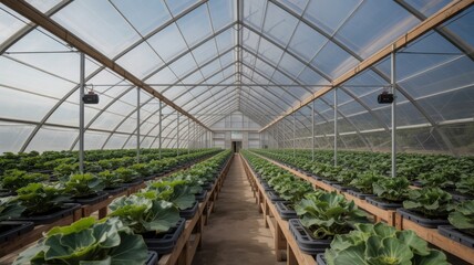 Inside view of large commercial greenhouse with rows of cabbage plants thriving under controlled conditions for maximum yield and sustainable agriculture